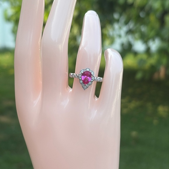 Pear Cut 1.25 tcw Genuine Pink Sapphire & Diamond Ring Sterling Silver Size 7 - Picture 9 of 15